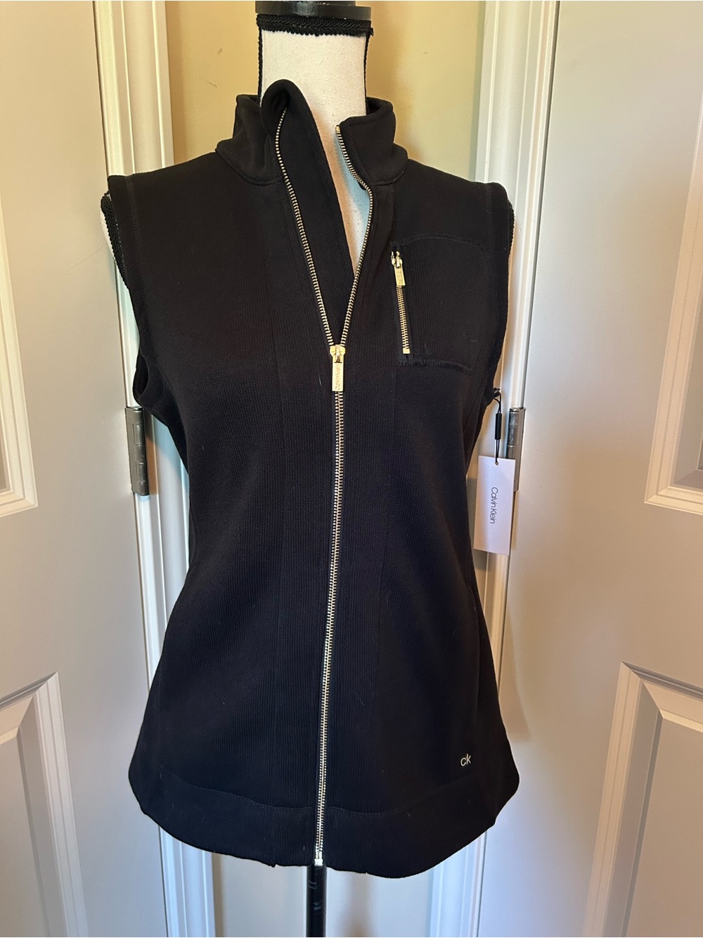 NWT Calvin Klein Black Sleeveless Zip-Up Vest with Gold Accents